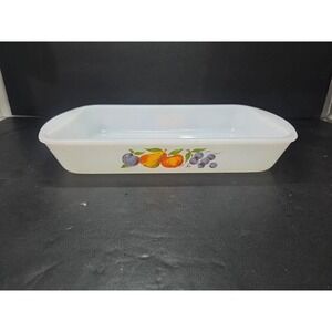 Fire King Fruit Casserole Dish, Vtg Milk Glass Rectangle, Pear Apple Grapes Plum